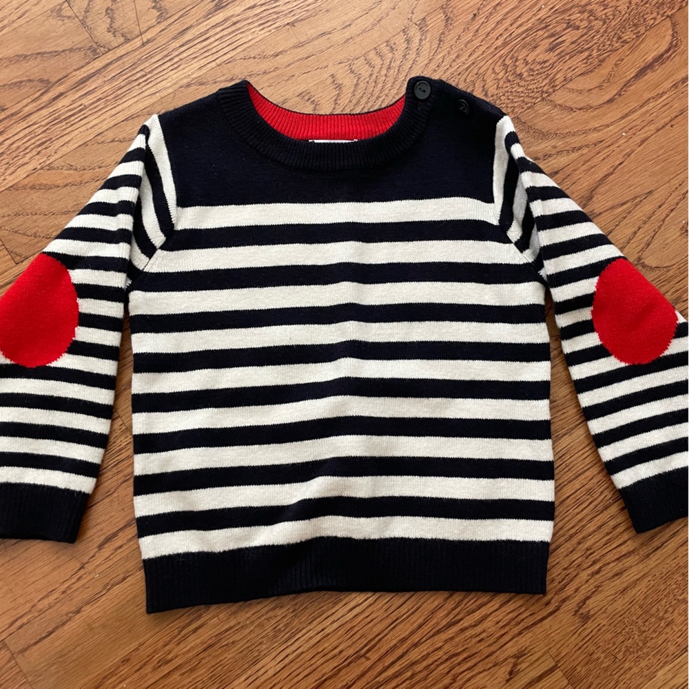 Jacadi Boys Navy & White Striped Sweater with Red Elbow Patches